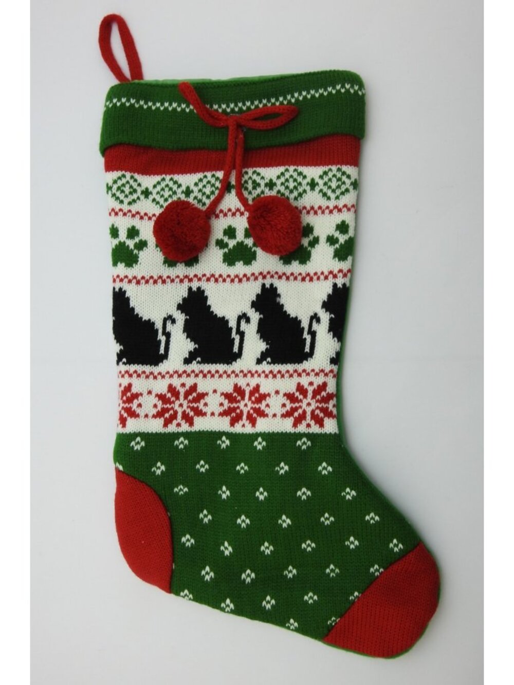 New Christmas Stocking Black Cat Fair Isle Knit Red Green Pom Poms 17"